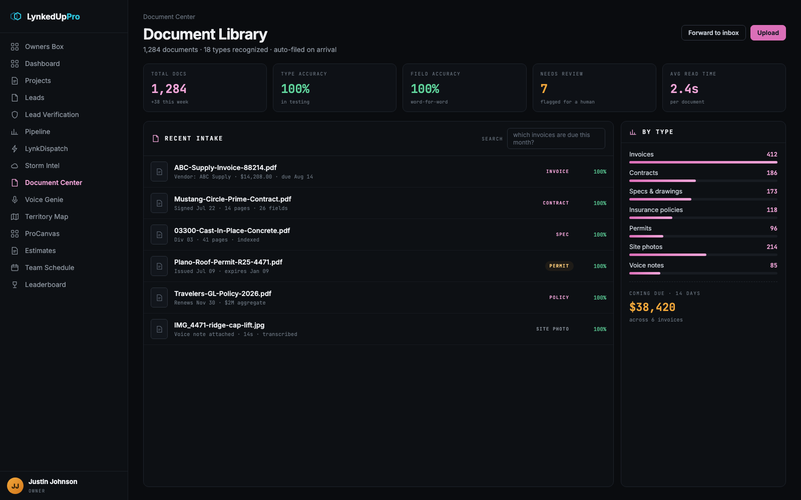 Document Center library with auto-filed documents by type