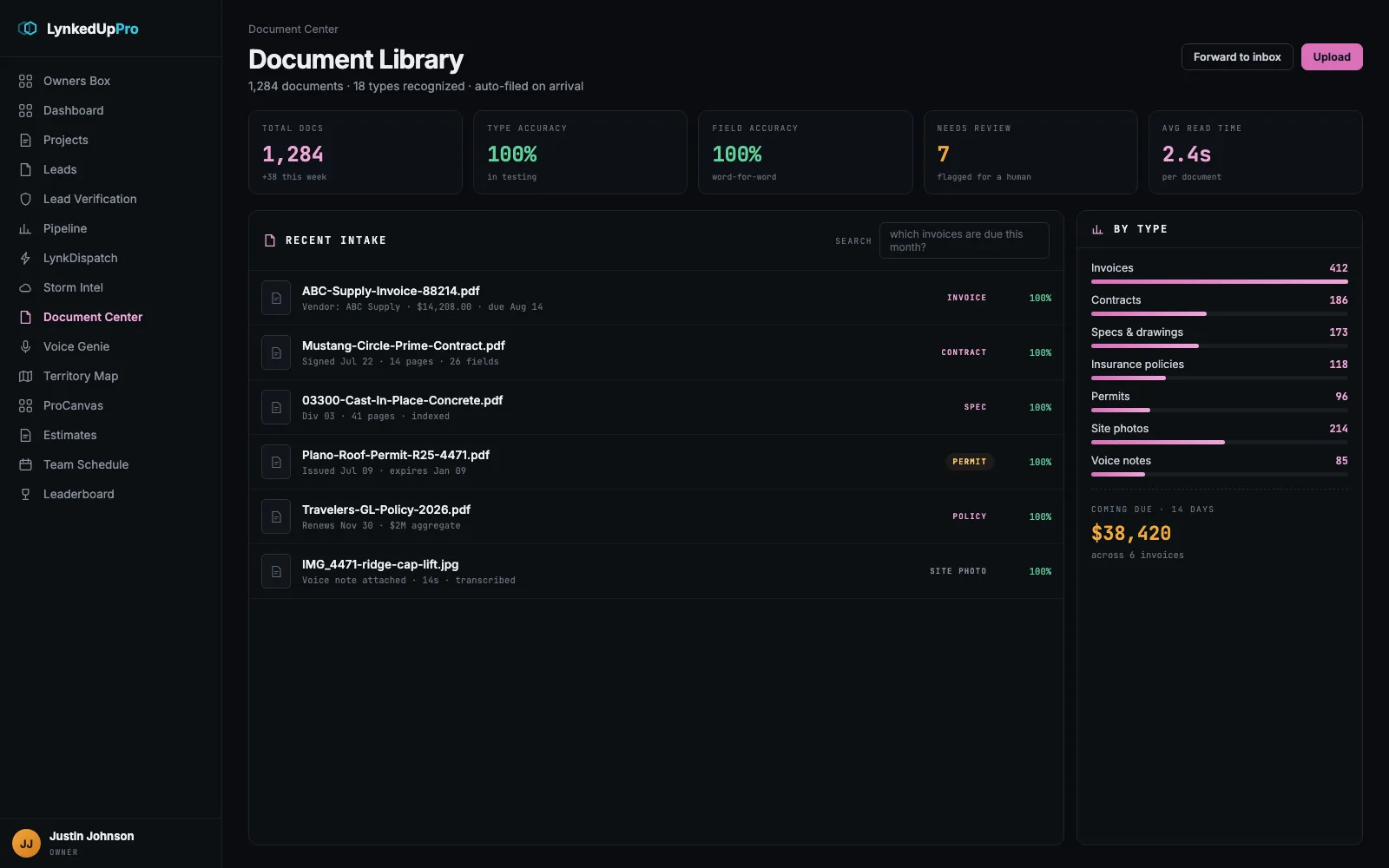 Document Center library with auto-filed documents by type