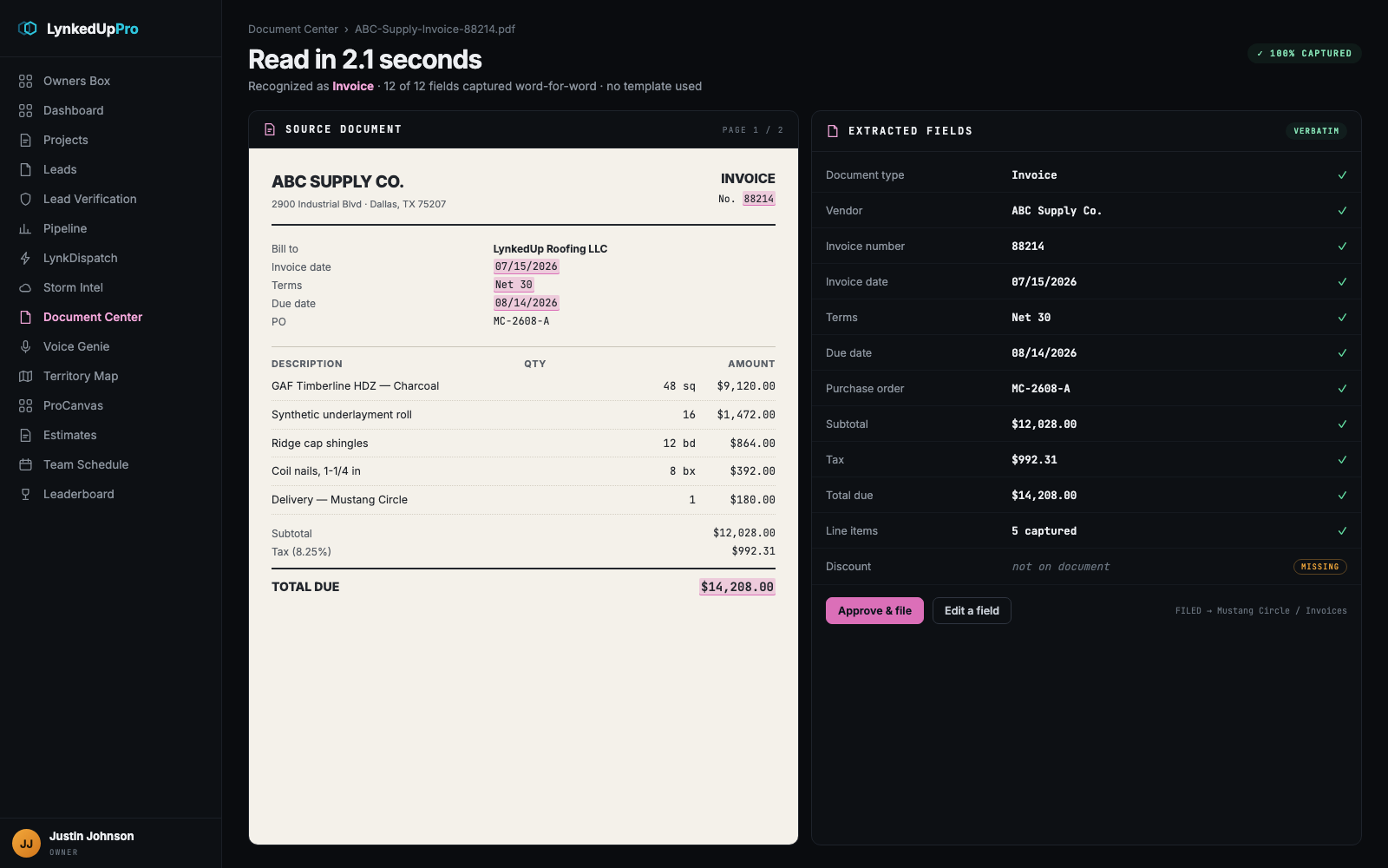 Extracted invoice fields shown verbatim beside the source document