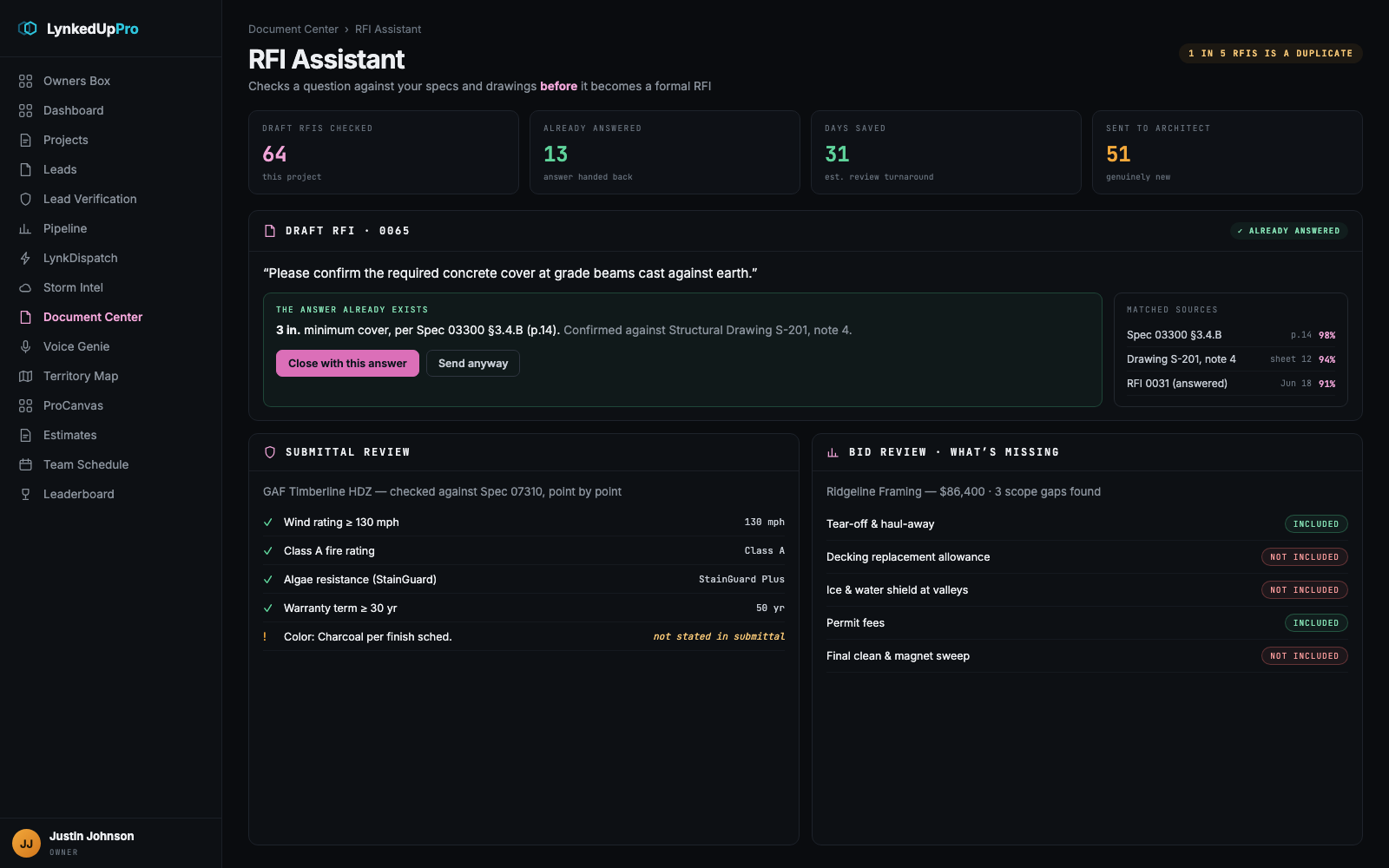 RFI Assistant matching a draft question to an existing spec answer