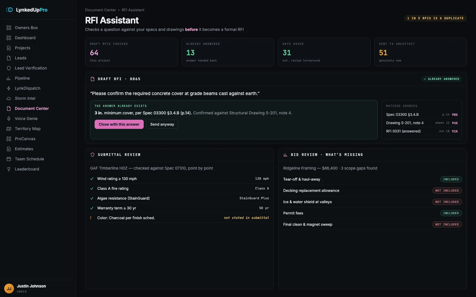 RFI Assistant matching a draft question to an existing spec answer