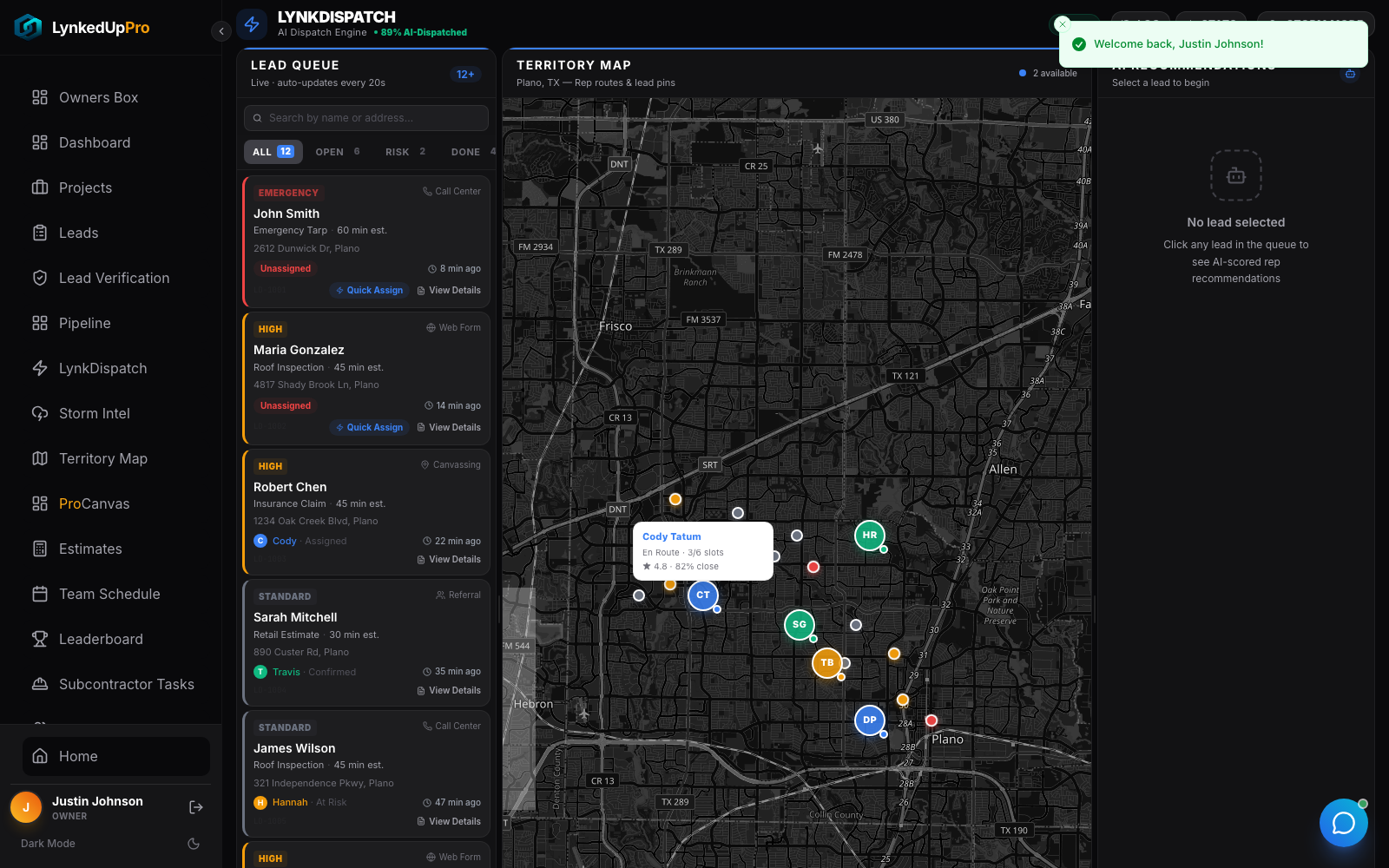 LynkDispatch command center, lead queue, territory map, AI panel