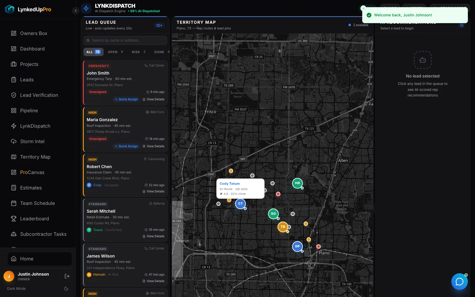 LynkDispatch command center, lead queue, territory map, AI panel
