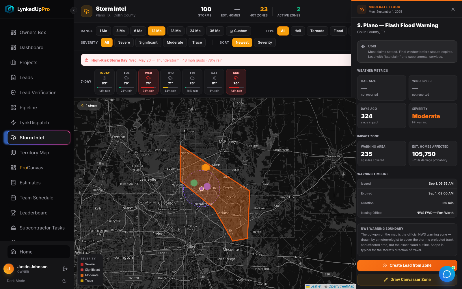 NWS warning polygon and detail drawer