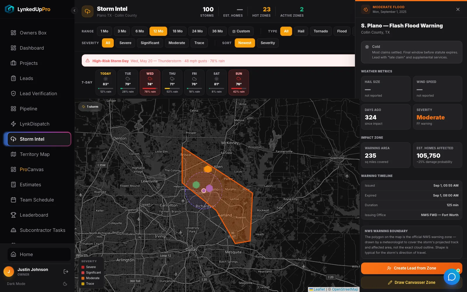 NWS warning polygon and detail drawer