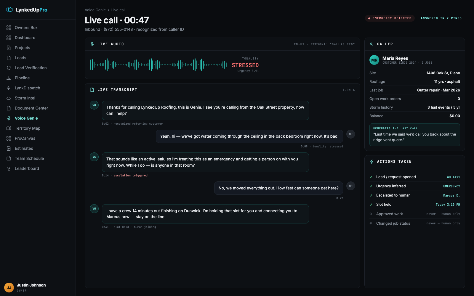 Voice Genie handling a live emergency call with transcript, tonality read and actions taken
