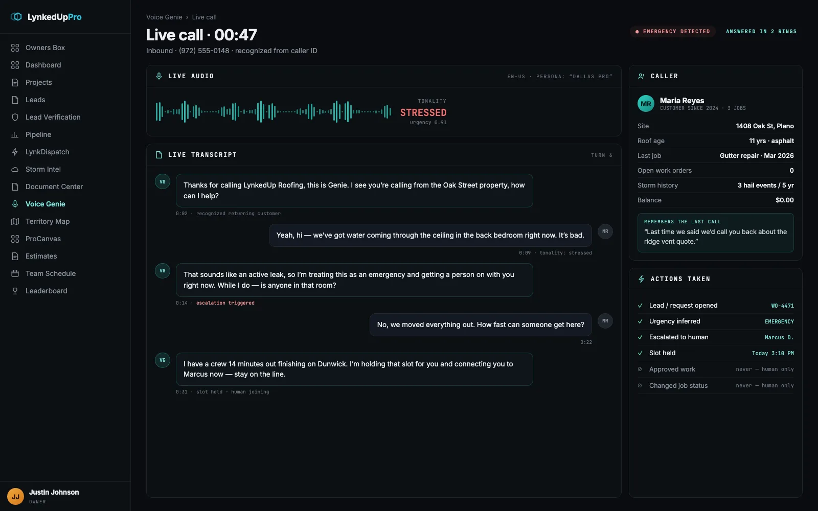 Voice Genie handling a live emergency call with transcript, tonality read and actions taken