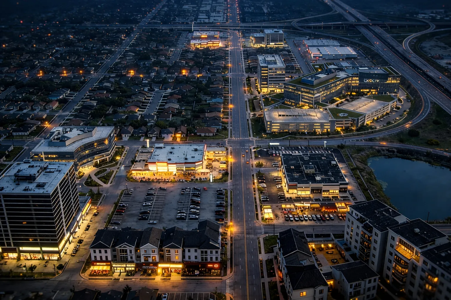 Aerial twilight view of the DFW metro