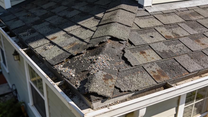 Weathered roof shingles after storm exposure
